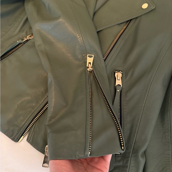 All Saints Dalby Biker 100% lamb leather moto jacket sage green size 6 NWT - Picture 11 of 14